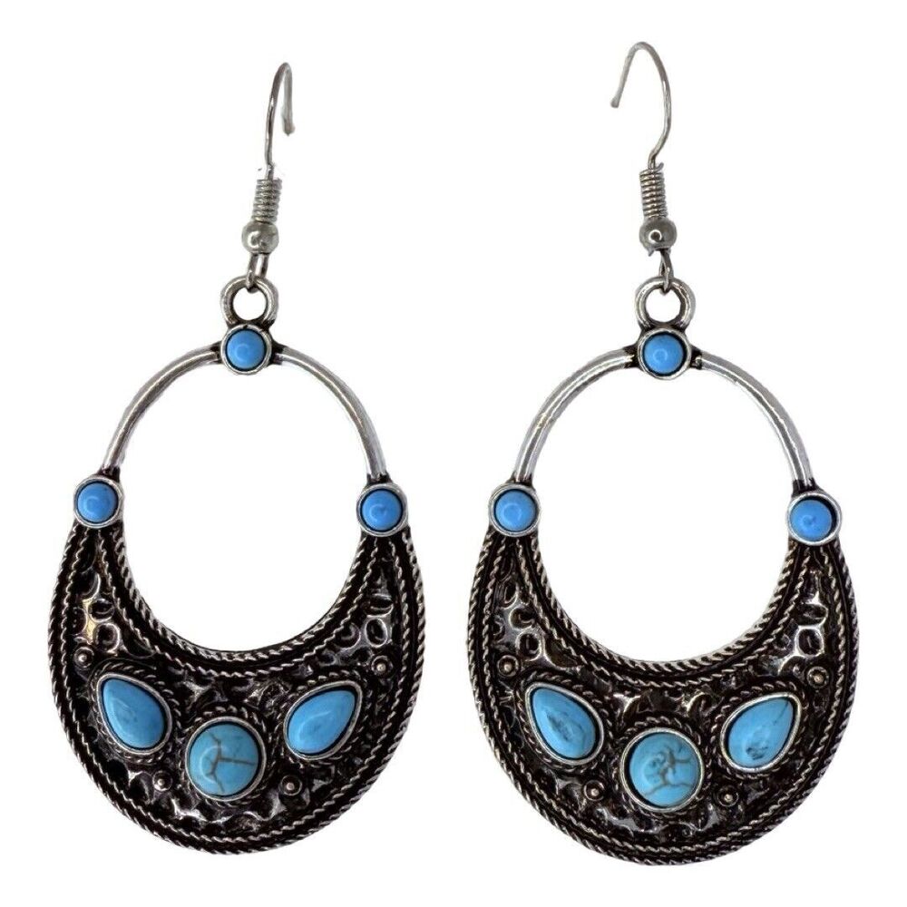 Faux Turquoise Silver Tone Dangle Earrings 2.5" Bohemian Boho Chic Southwestern